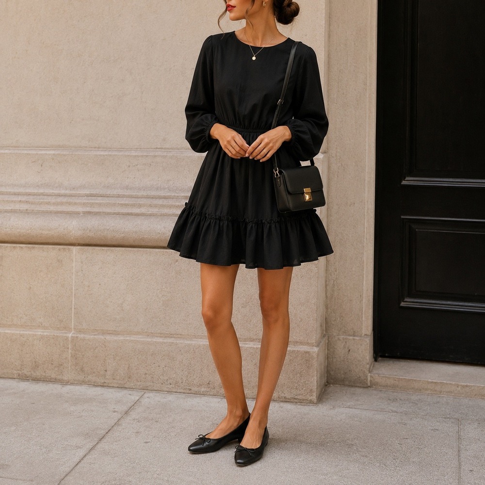 Flying Tomato Women's Black Chic Mini Dress Small Long Sleeve Ruffle Boho
